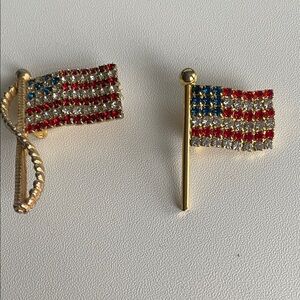 Patriotic Gold-Tone Flag Brooch Set with Red, Blue, and Silver Accents